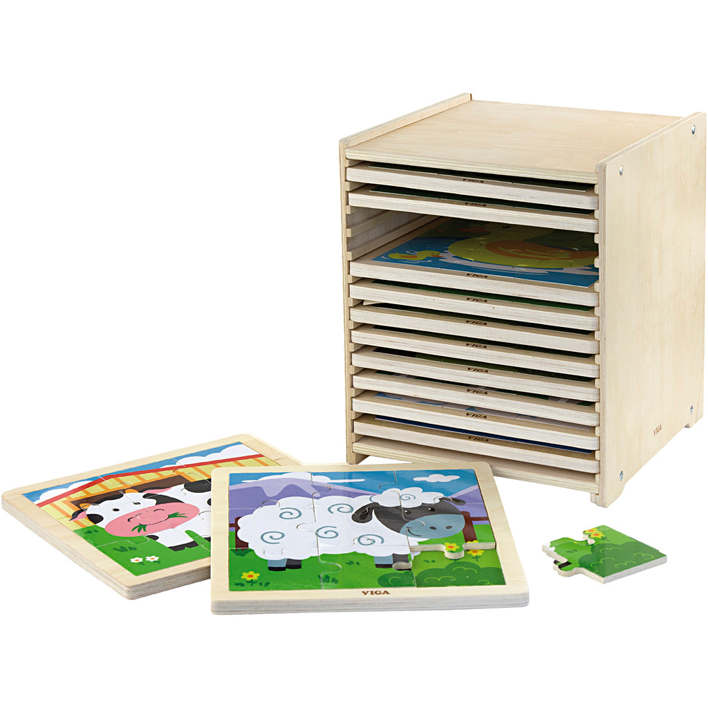 Viga puzzle rack with 12 puzzles, dimensions 23x27.5x23.5 cm, 12x9 parts, 12 parts 1 set