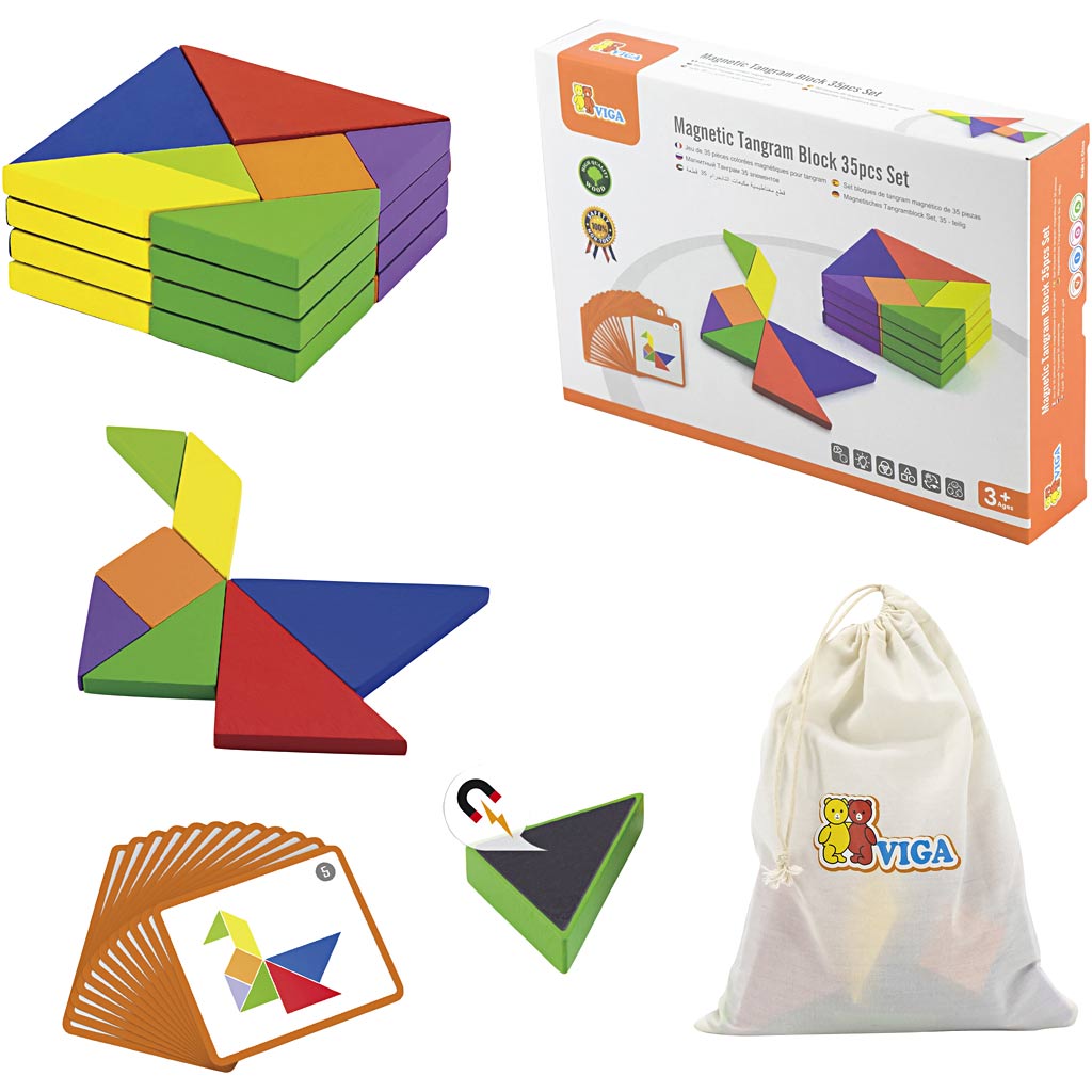 Viga magnetic tangram, h: 1 cm, l: 10 cm, w: 10 cm, 35 pieces, 1 box