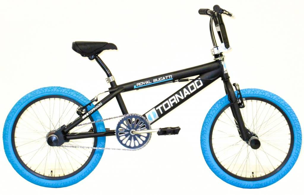 Royal bmx fiets -bugatti tornado freestyle 20 inch - mat zwart met blauwe banden