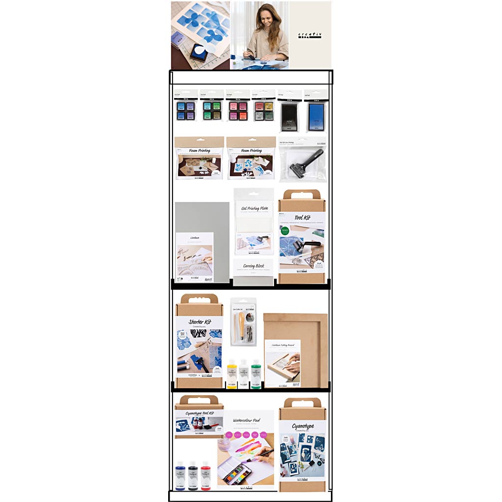 Creativ company floor display, assembled, category, linocut, adults, h: 1580 mm, l: 600 mm, w: 400 mm, 194 units 1 piece