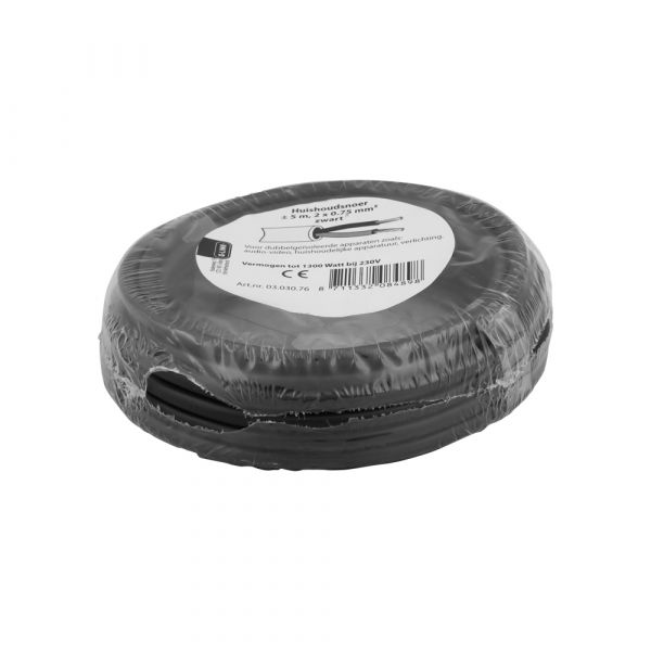 Huishoudsnoer 2x0.75 zwart 5 meter.