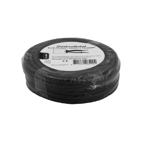 Huishoudsnoer 2x0.75 zwart 10 meter.
