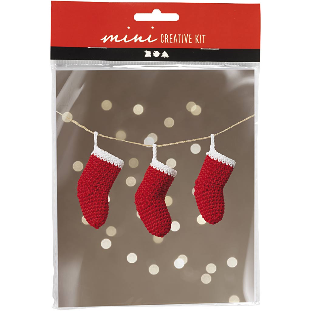 Creativ company mini hobbyset haken, kerstsokken, rood wit, 1 doos