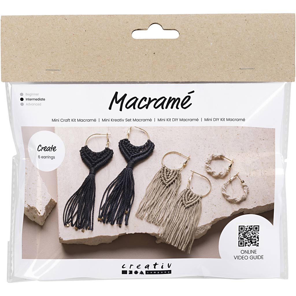 Creativ company mini hobby set macramé, earrings, black, olive brown, sand color, 1 box