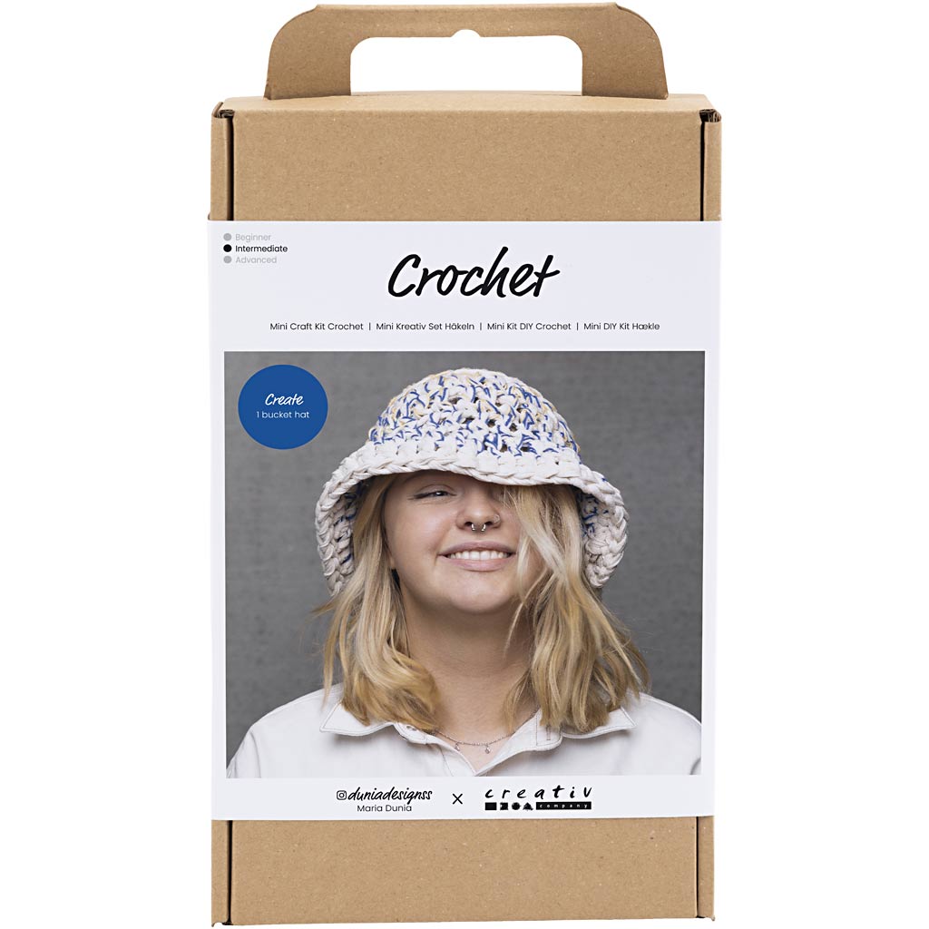 Creativ company hobby set crochet, large sun hat, blue, light natural, yellow, 1 box
