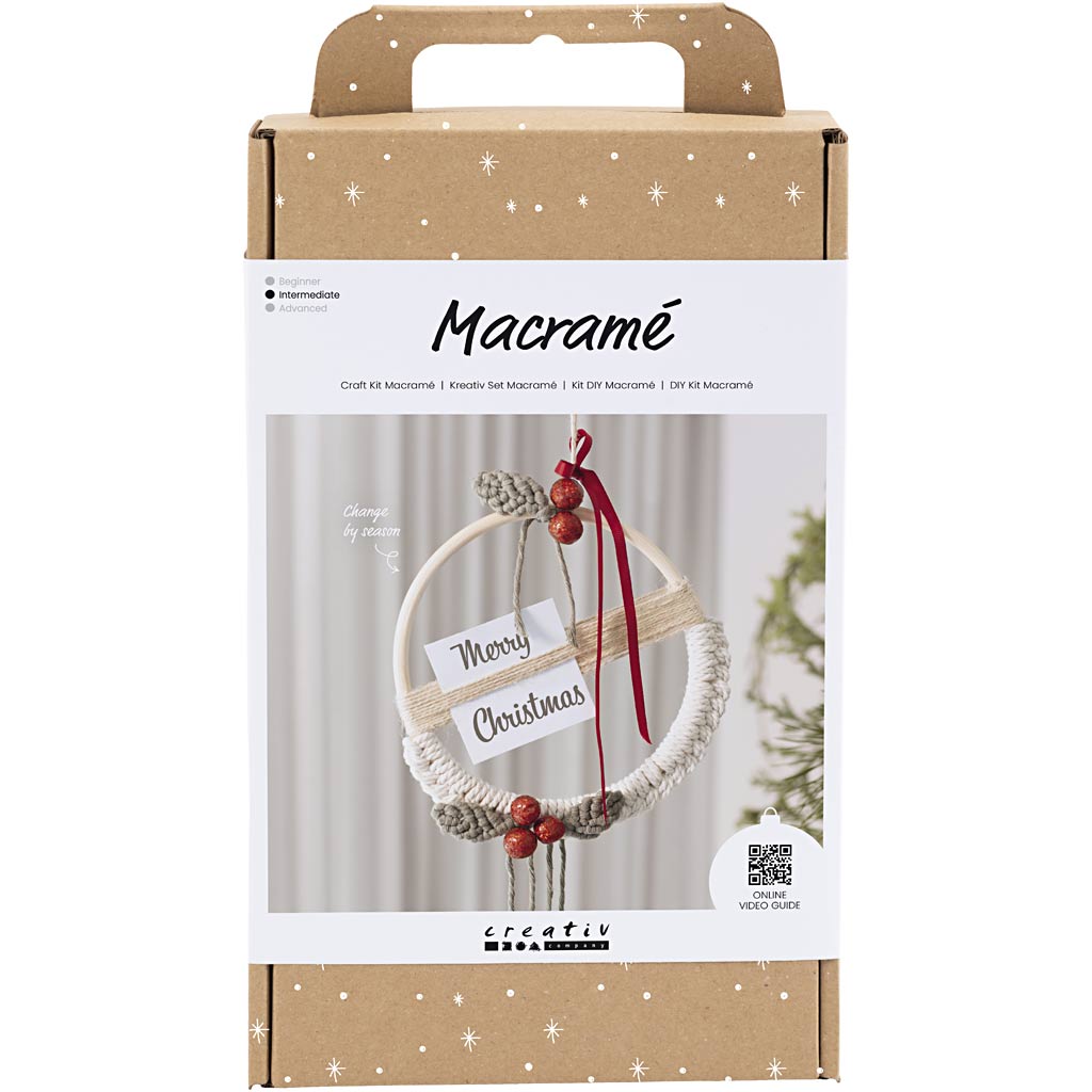 Creativ company hobbyset macramé, kerstkrans, mosgroen, kerstrood, off-white, 1 doos