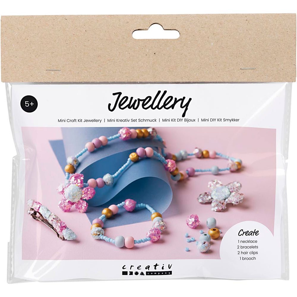 Creativ company mini hobby set jewelry, necklace, bracelet, clips, brooch, blue, light blue, pastel pink, 1 box