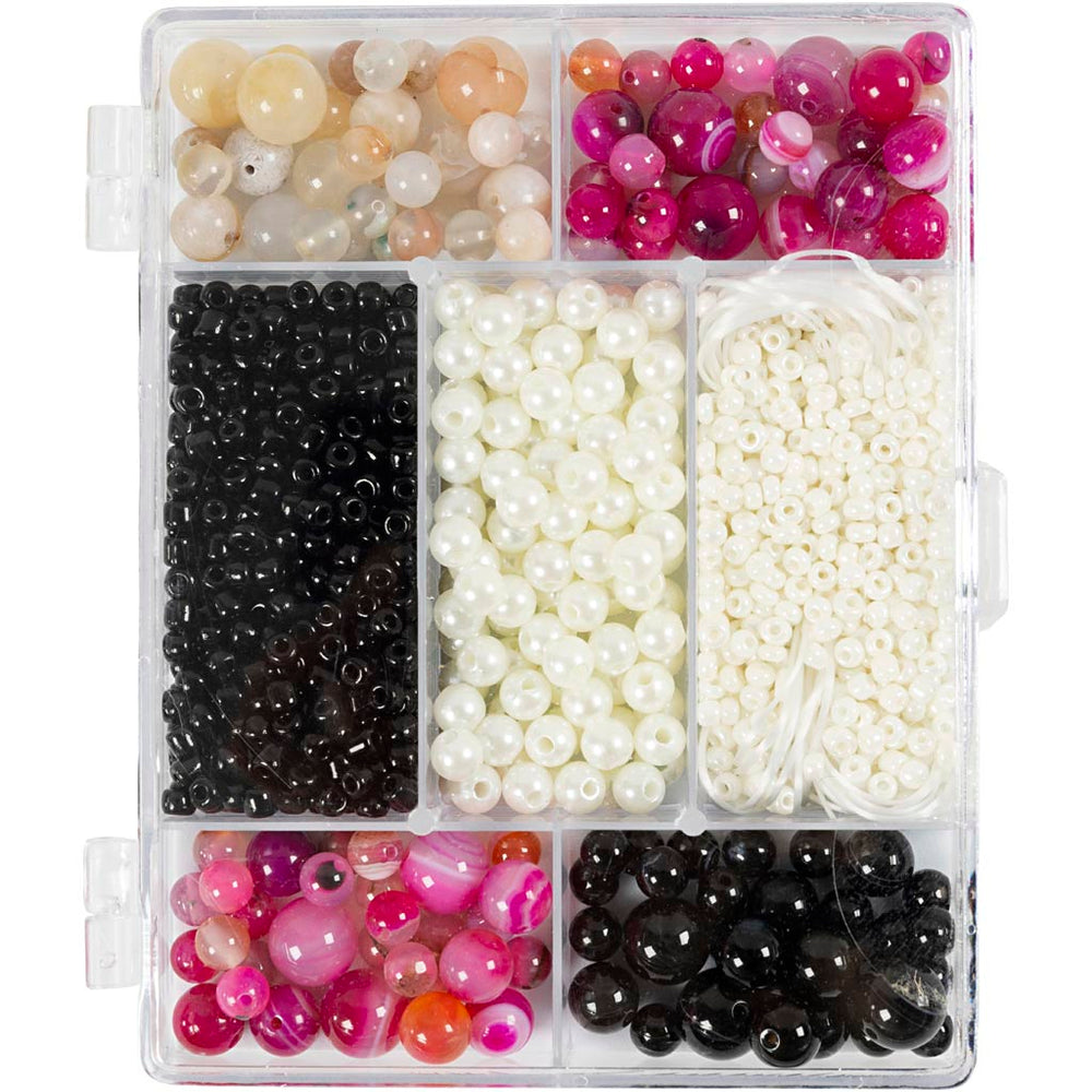 Creativ company creative box jewelry, agates, size 2.6-10 mm, hole size 0.8-1.8 mm, approx. 2740 pieces, beige, black, pink, white mother of pearl, 1 box