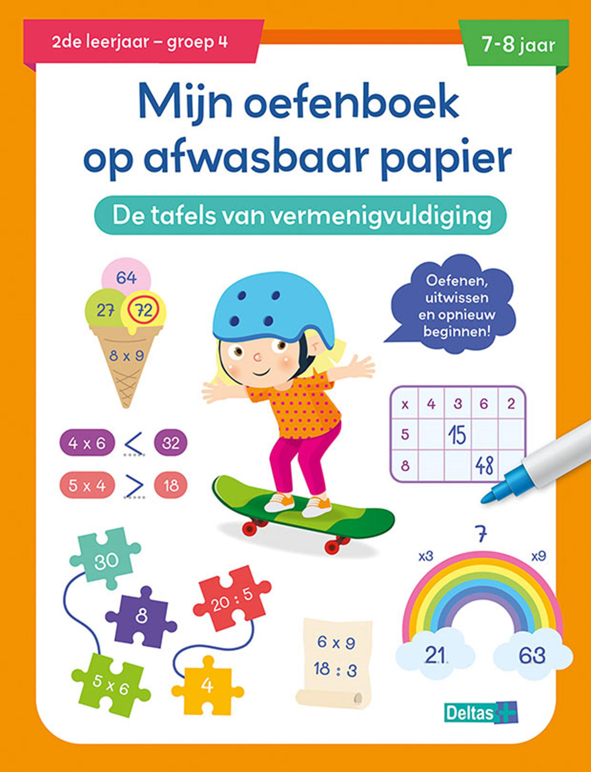 Cahier d'exercices Deltas, tables de multiplication en papier lavable (7-8 ans)