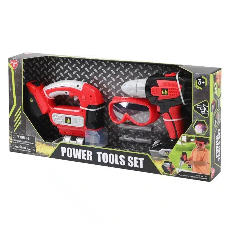 Playgo power tool set with drill and jigsaw and glasses.