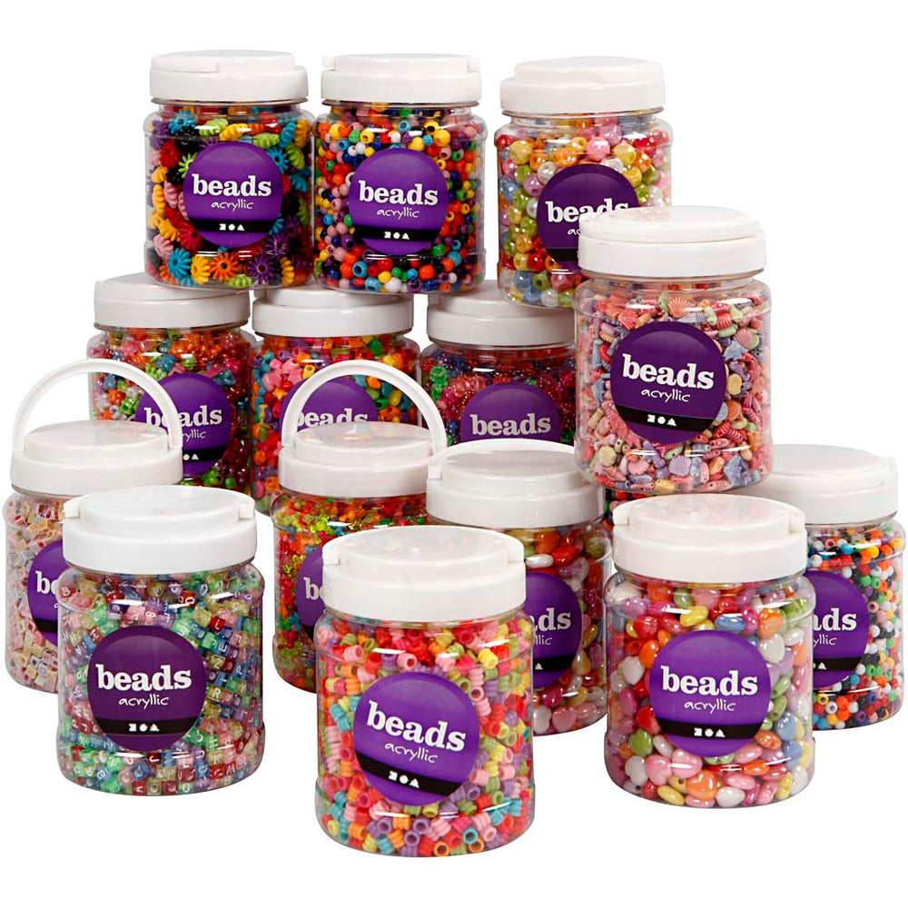 Creativ company plastic beads, size 6-15 mm, hole size 1.5-6 mm, various colors, 16x700 ml 1 box