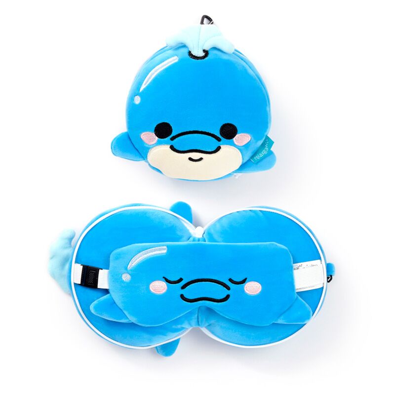 Relaxeazzz Adoramals Blu The Dolphin, cuscino rotondo da viaggio, maschera per dormire