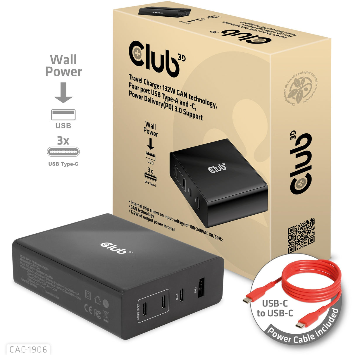 Club 3D potovalni polnilnik 132W GAN Technology, Four Port USB