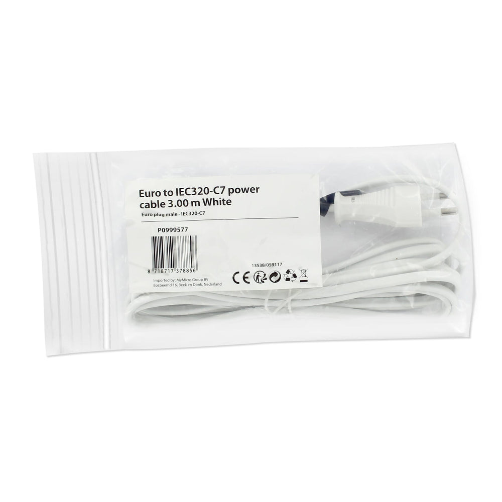 Huismerk Euro zu IEC320 -c7 Stromkabel 3 Meter - Weiß