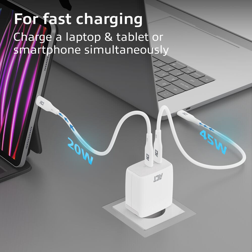 ACT Conectividad USB-C Charger 65W 2-puerto con entrega PPP y G