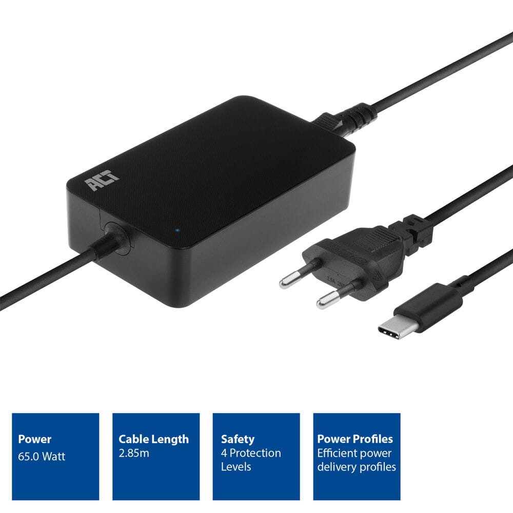 Act USB-C laptop charger with power delivery profiles 65W