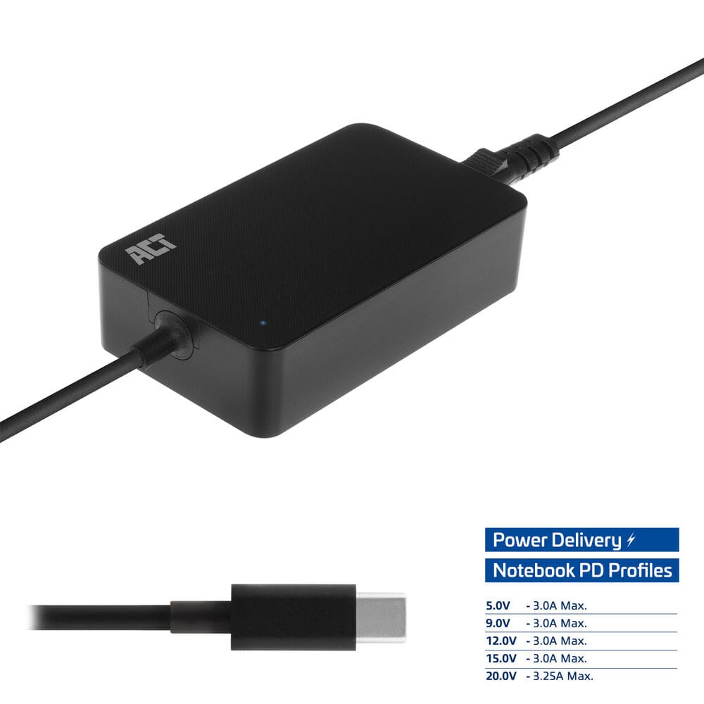 Act USB-C laptop charger with power delivery profiles 65W
