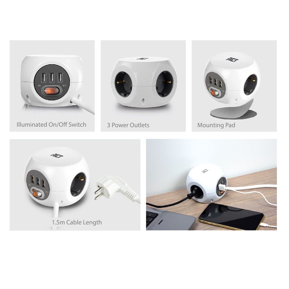 ACT Square Socket (PDU) com 3 soquetes tipo F 1.5m