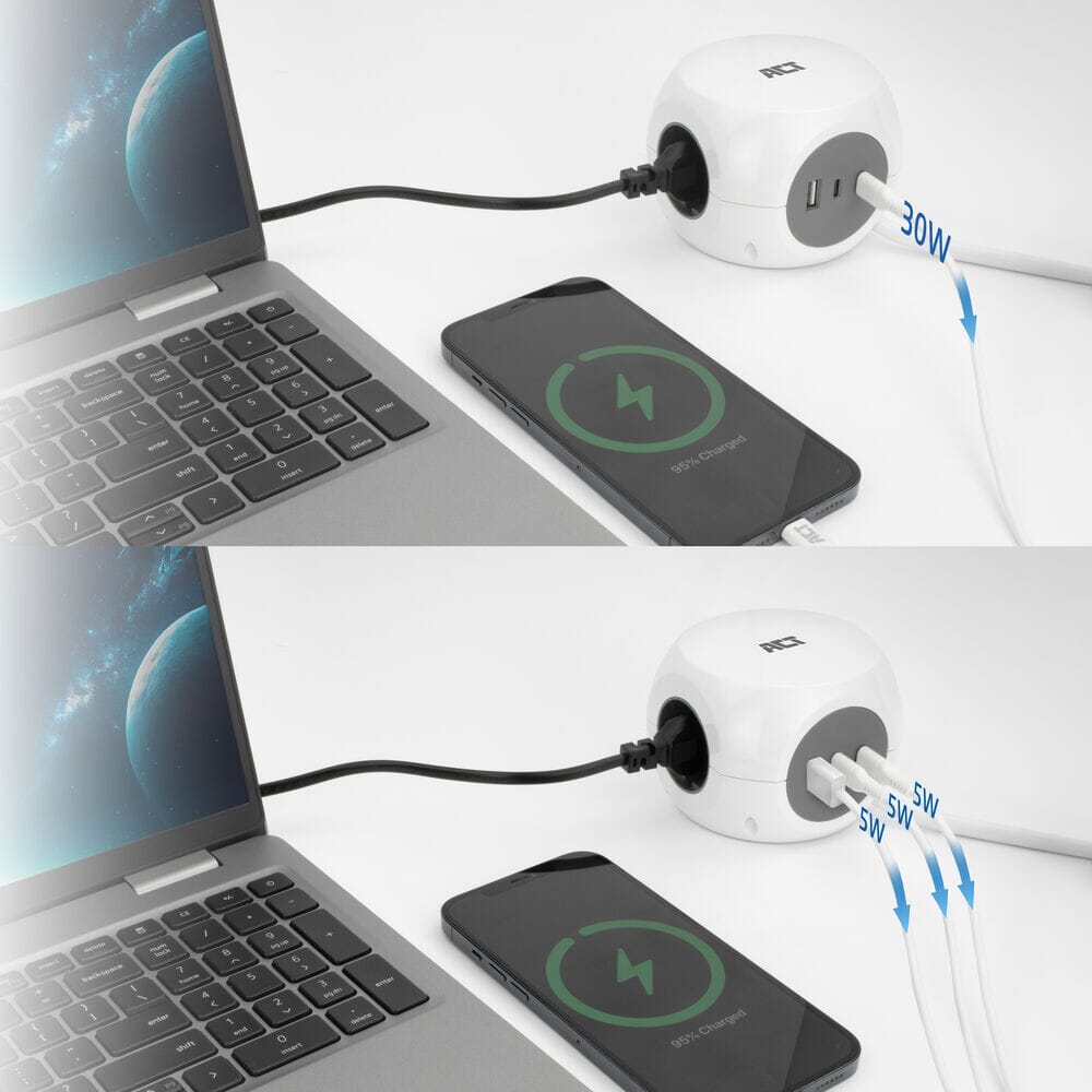 Act power strip cube with 3 sockets (type f), 30w pd
