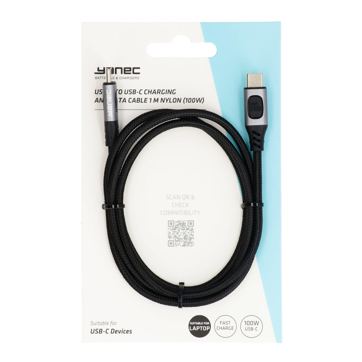 Yanec USB-C to USB-C charging and data cable 1m nylon (100w)