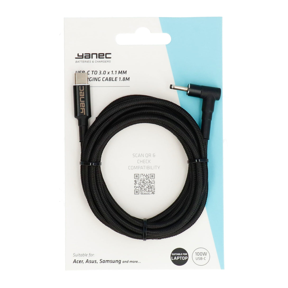 Yanec USB-C to 3.0 x 1.1 mm charging cable 1.8m