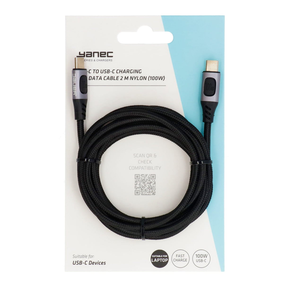 Yanec USB-C to USB-C charging and data cable 2m nylon (100w)