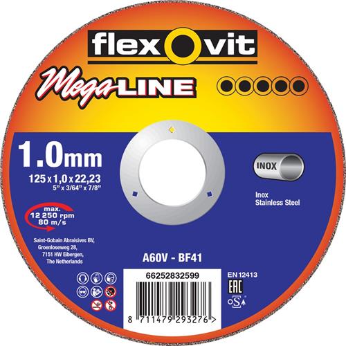 Flexovit dss mega-line 125x1.6x22.23 a46v t41 acero inoxidable | 25 piezas