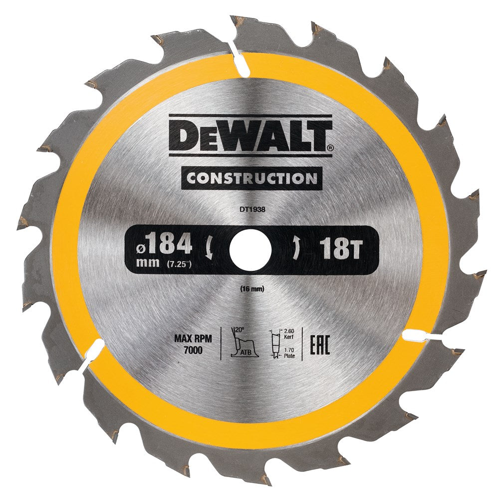 Dewalt accessoires cirkelzaagblad 184x16x18t, positief 20°, kerf 2,6mm - dt1938-qz