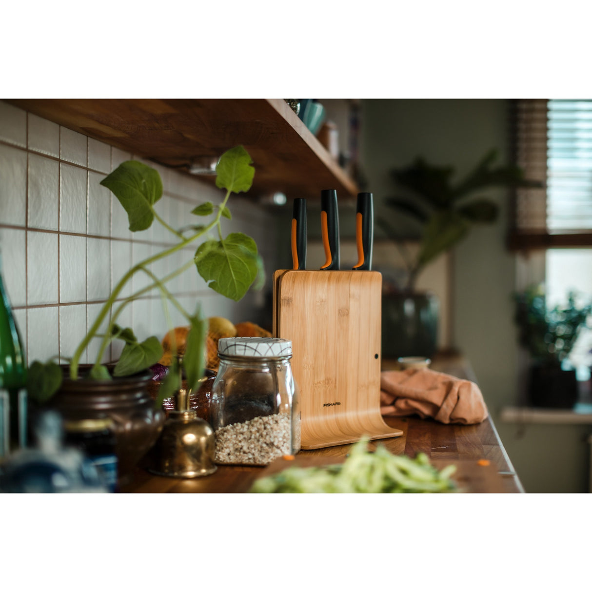 Fiskars Formal Form Block Bamboo Couteau avec 3 couteaux