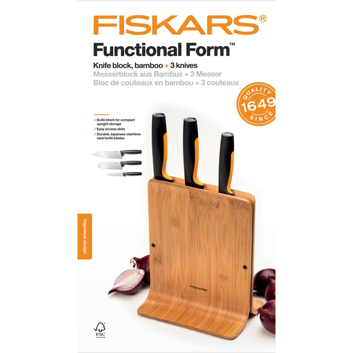 Fiskars Formal Form Block Bamboo Couteau avec 3 couteaux