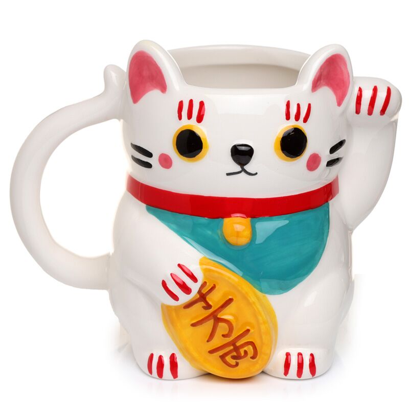 White maneki neko lucky cat shaped ceramic mug