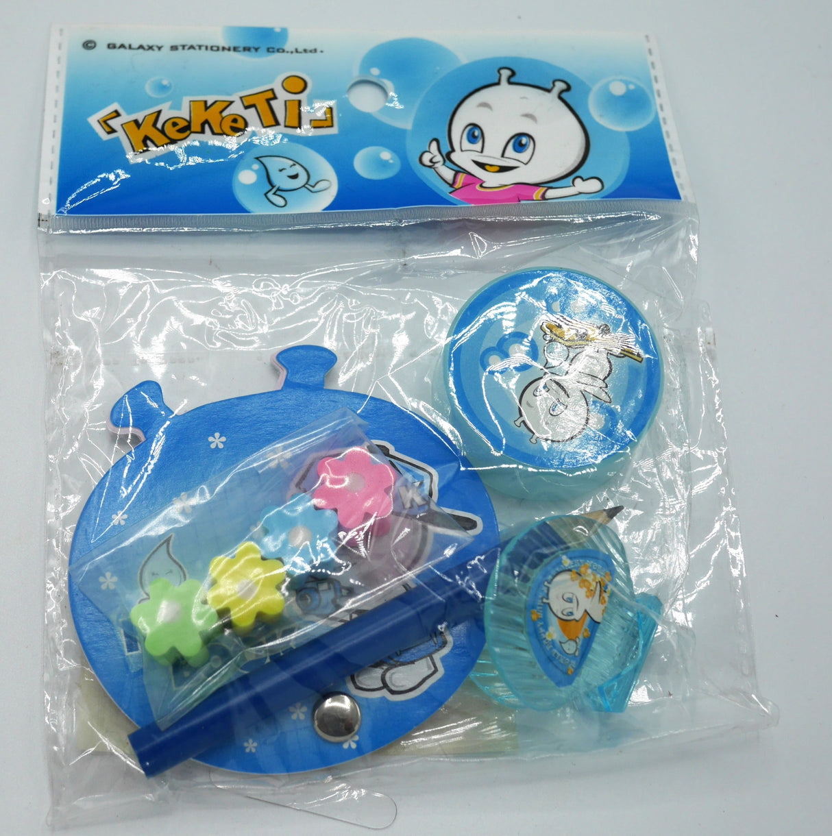 Van der doelen KEEKKIS Schreibset mit Schreibblockstiftspitzer Papierklemme und 4 Gummets Blau