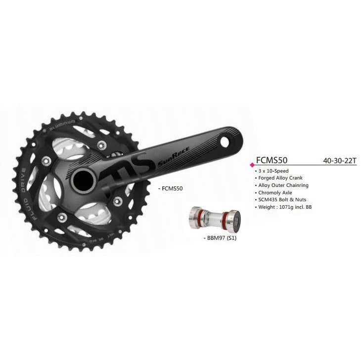 SUNRACE CRANKKEL FCMS50 22-30-40 175 mm M CG+BB Zestaw