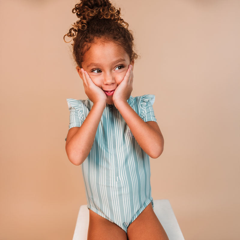 Resort Stripe | Green striped girls' UV swimsuit with short sleeves