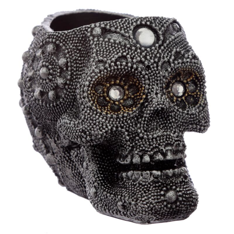 Silver-colored beaded skull tea light holder
