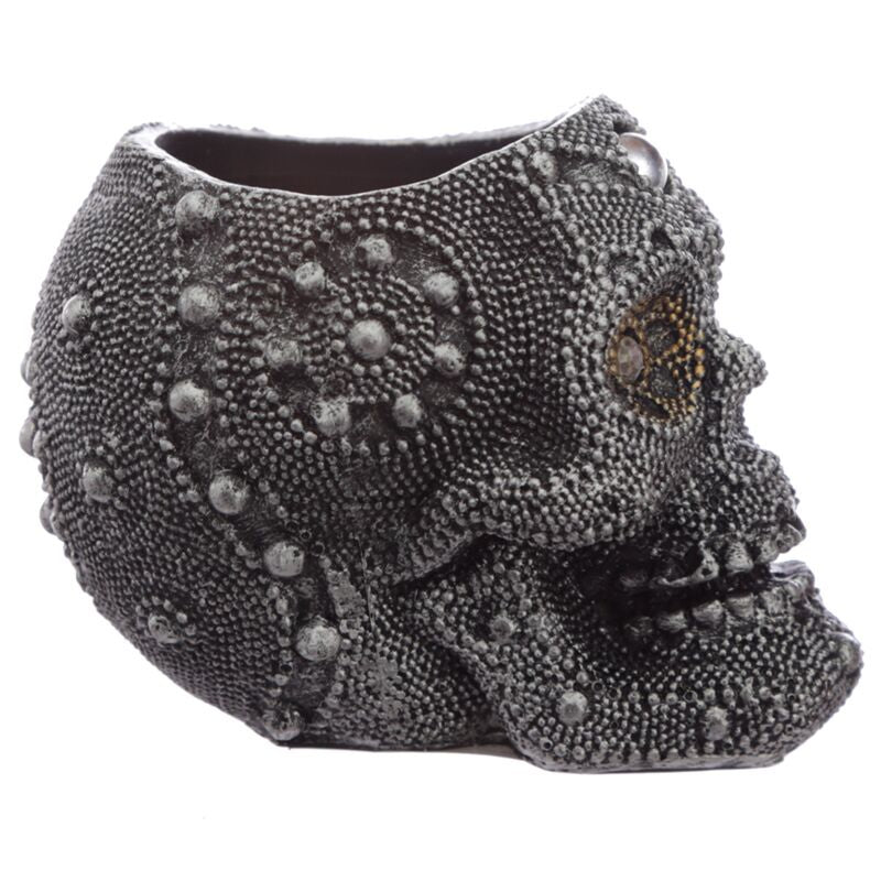 Silver-colored beaded skull tea light holder