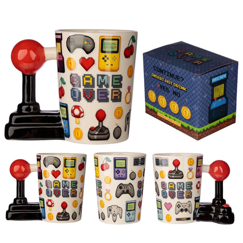 Tazza in ceramica con manico a forma di pixel Game over joystick
