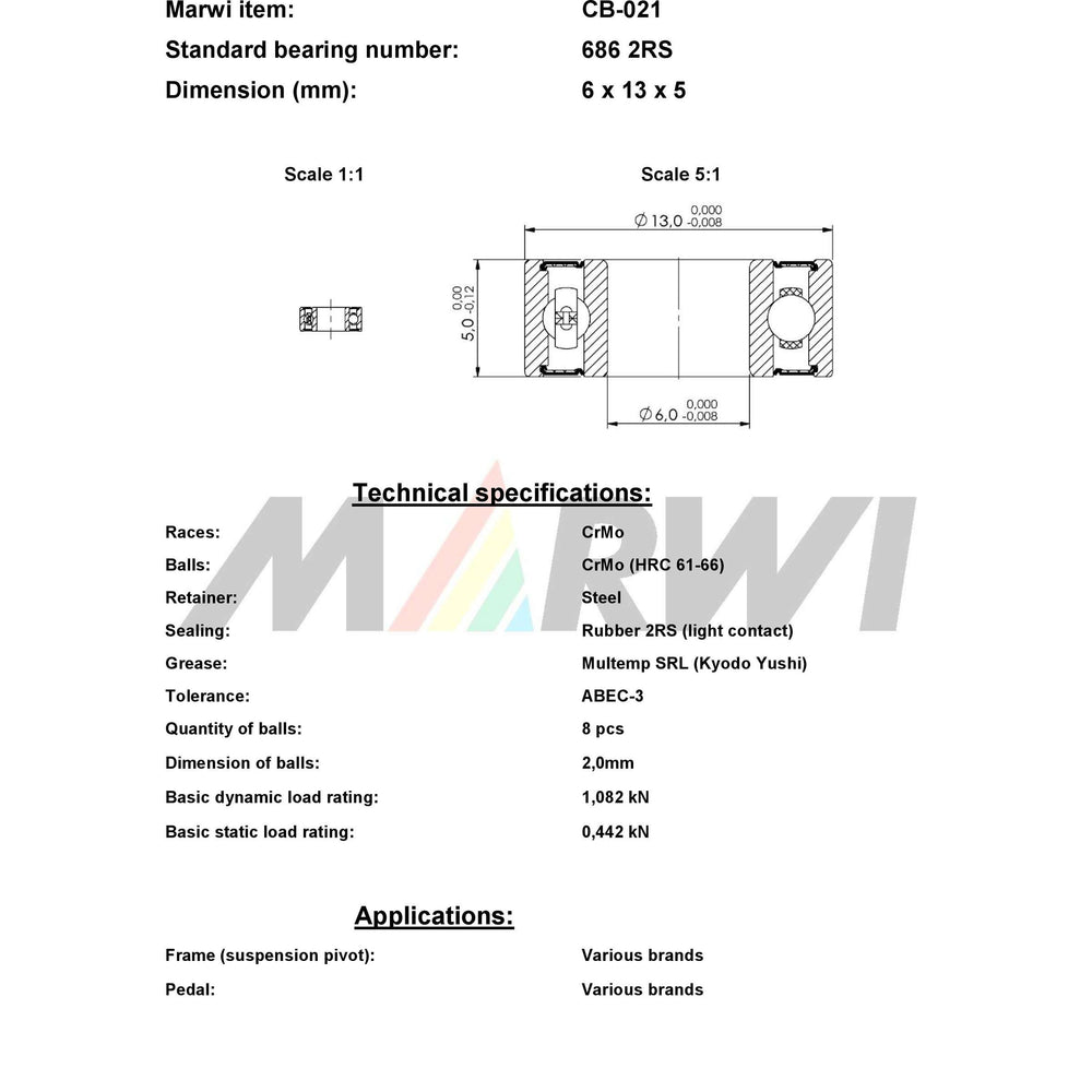 Marwi Union Kogellager CB-021 686 2RS 6X13X5