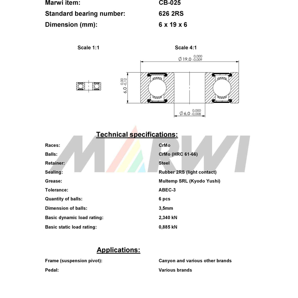 Marwi Union Kogellager CB -025 626 2RS - 6x19x6