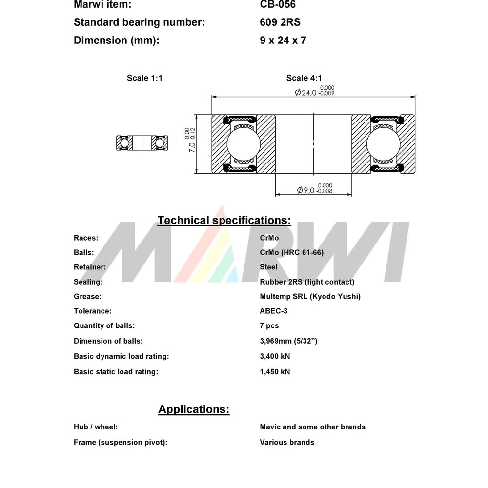 Marwi Union Kogellager CB-056 609 2RS 9x24x7