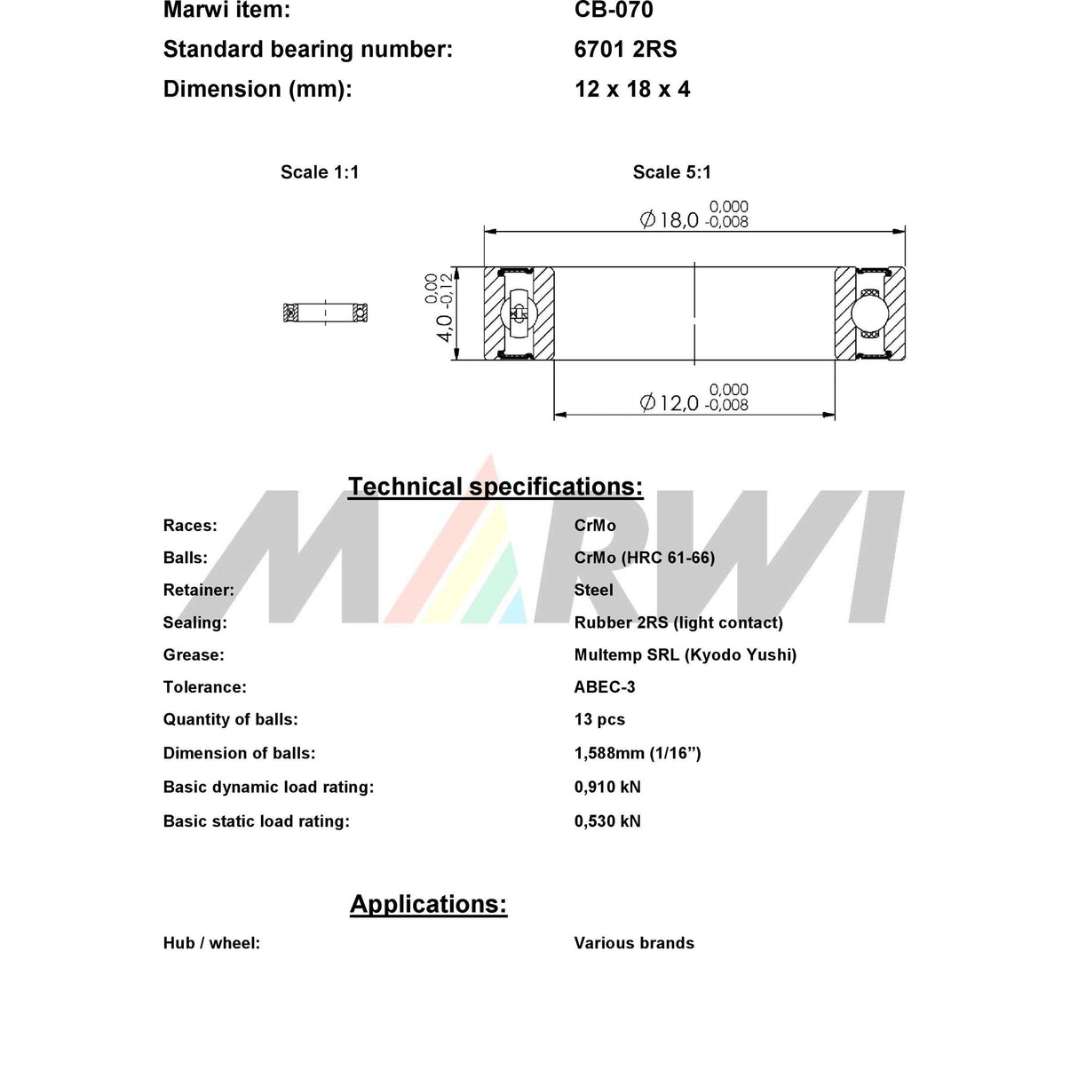 Marwi Union Kogellager CB-070 6701 2RS 12x18x4