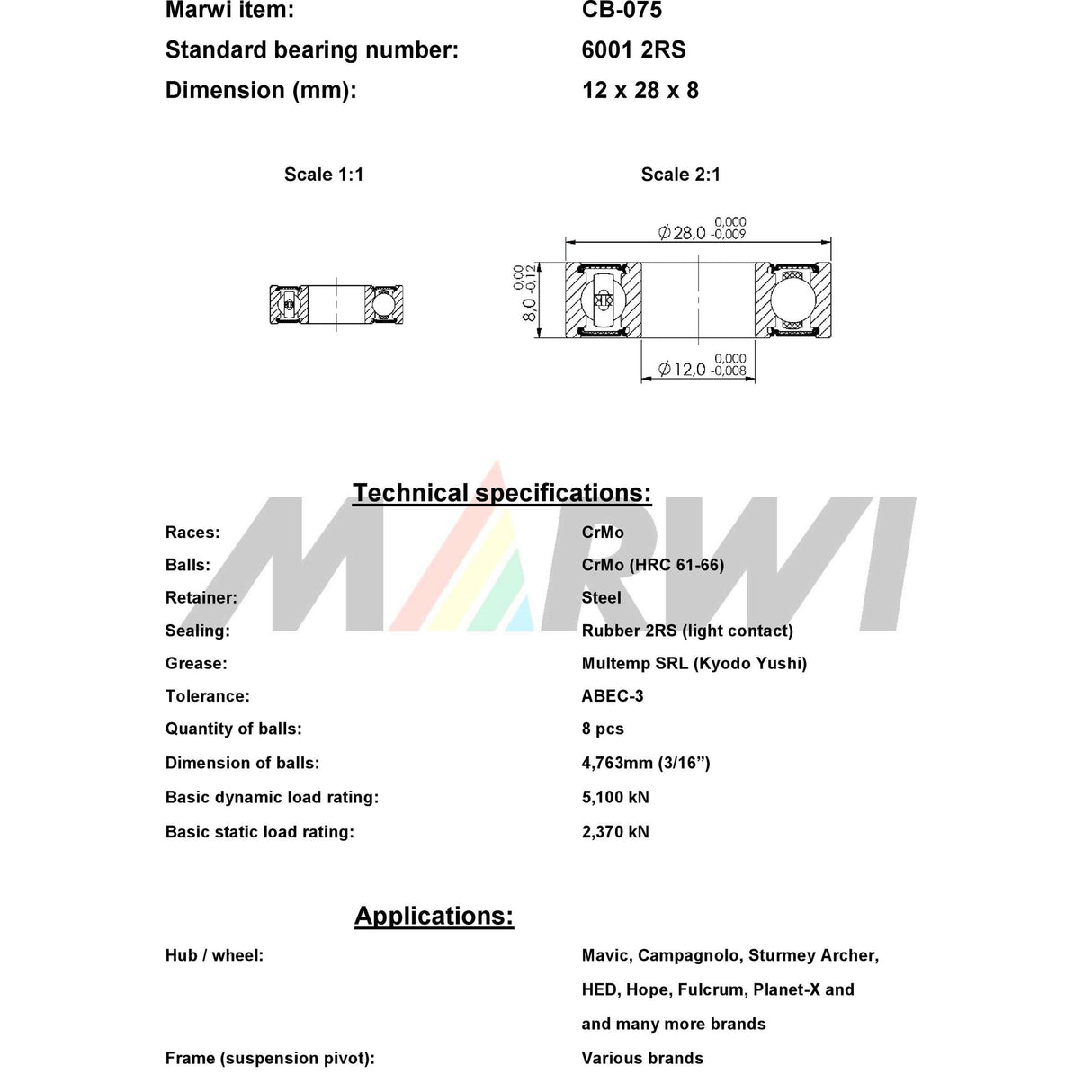 Marwi Union Kogellager CB-075 6001 2RS 12x28x8