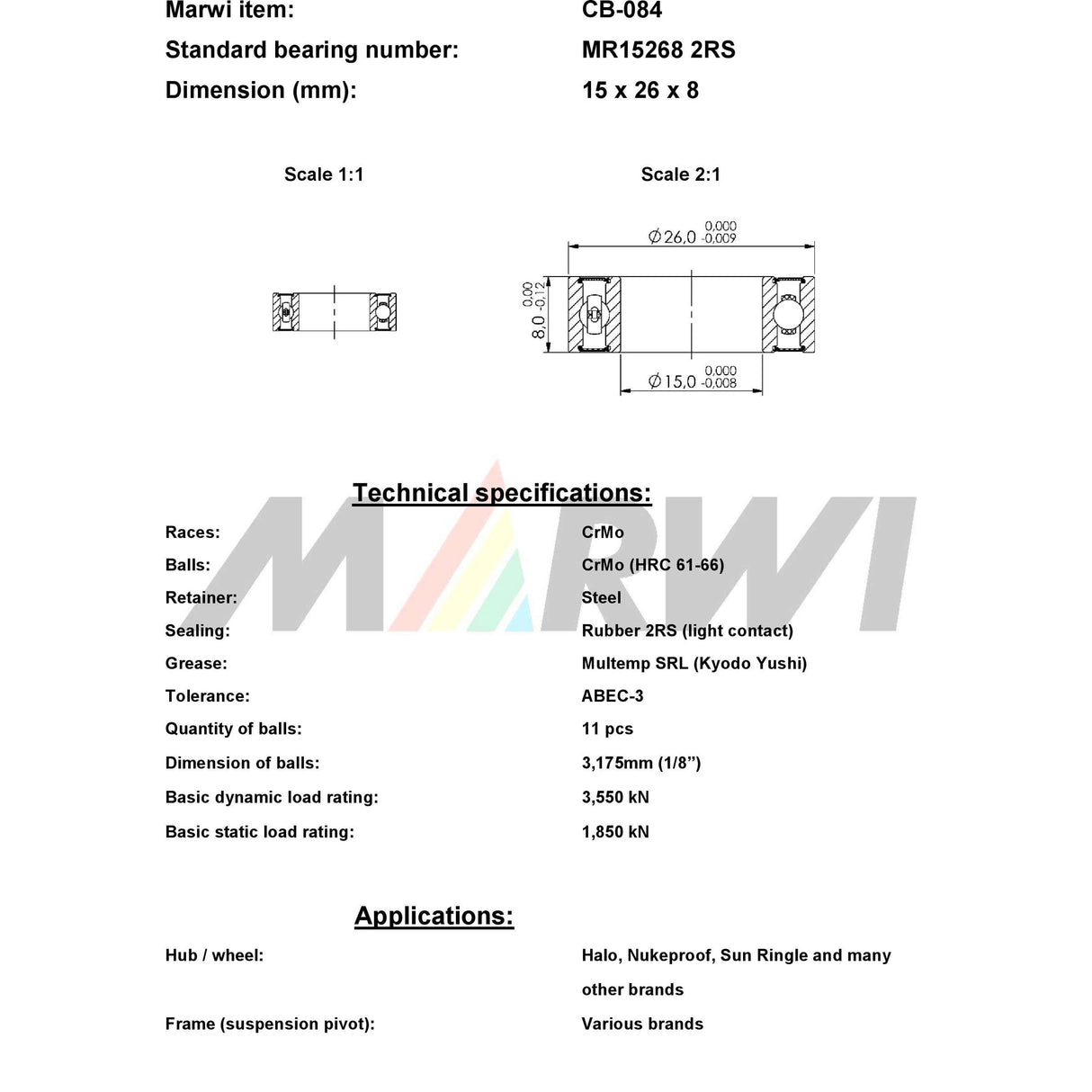 Ball liathróid Marwi Bearing Ball Bearing Union CB-084 15x26x8