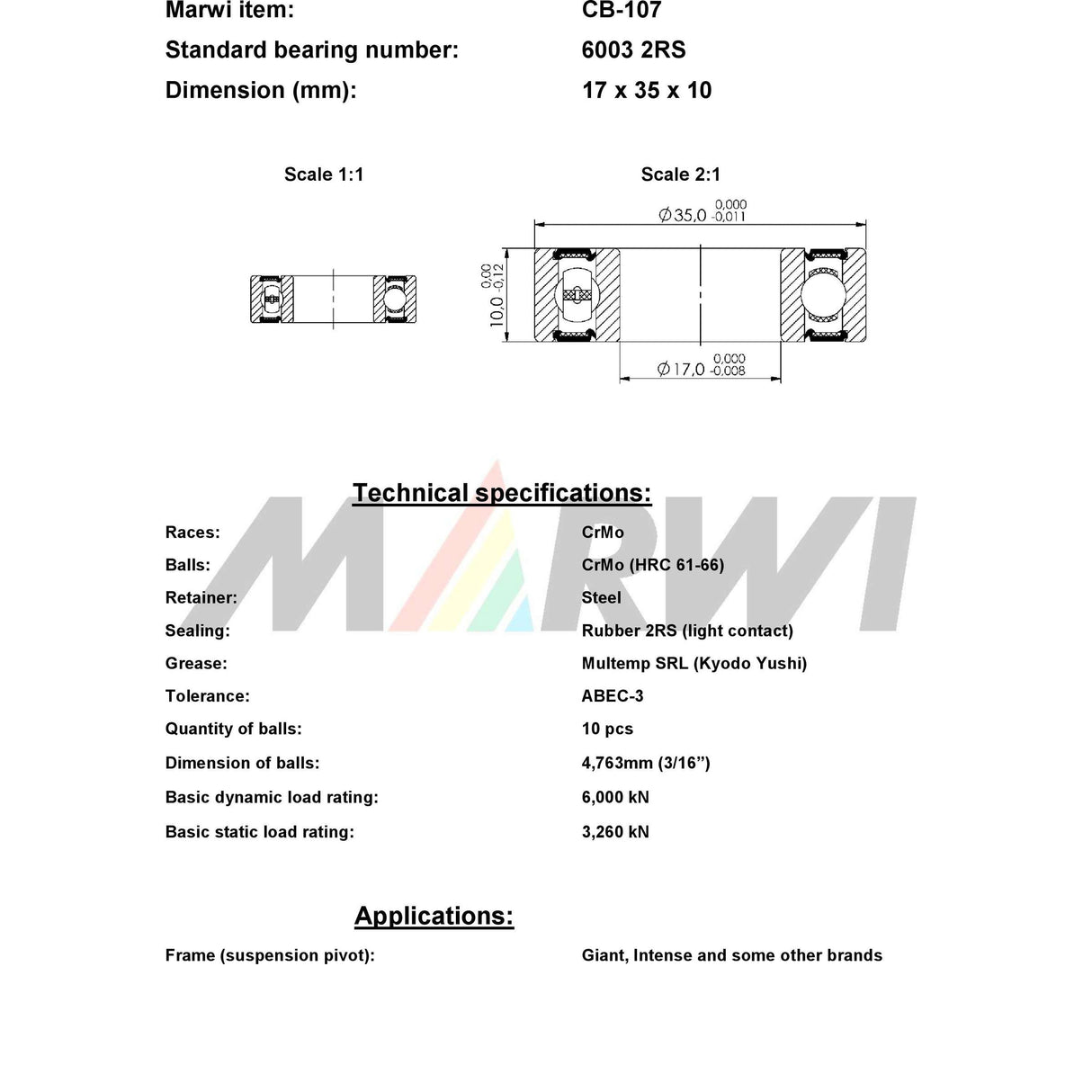 Union Marwi CB-107 COPTURGE KOGELLAGER 17X35X10 (6003 2RS)