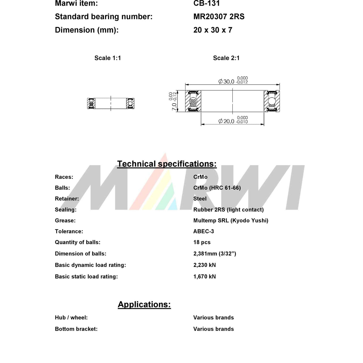Marwi union ball bearing ball bearing union CB-131 20x30x7mm