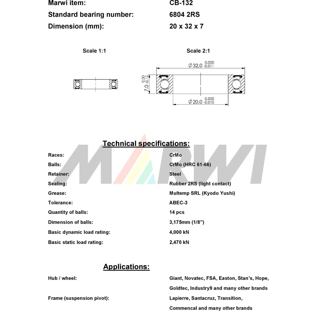 Marwi Union Kogellager CB-132 6804 2RS 20X32X7