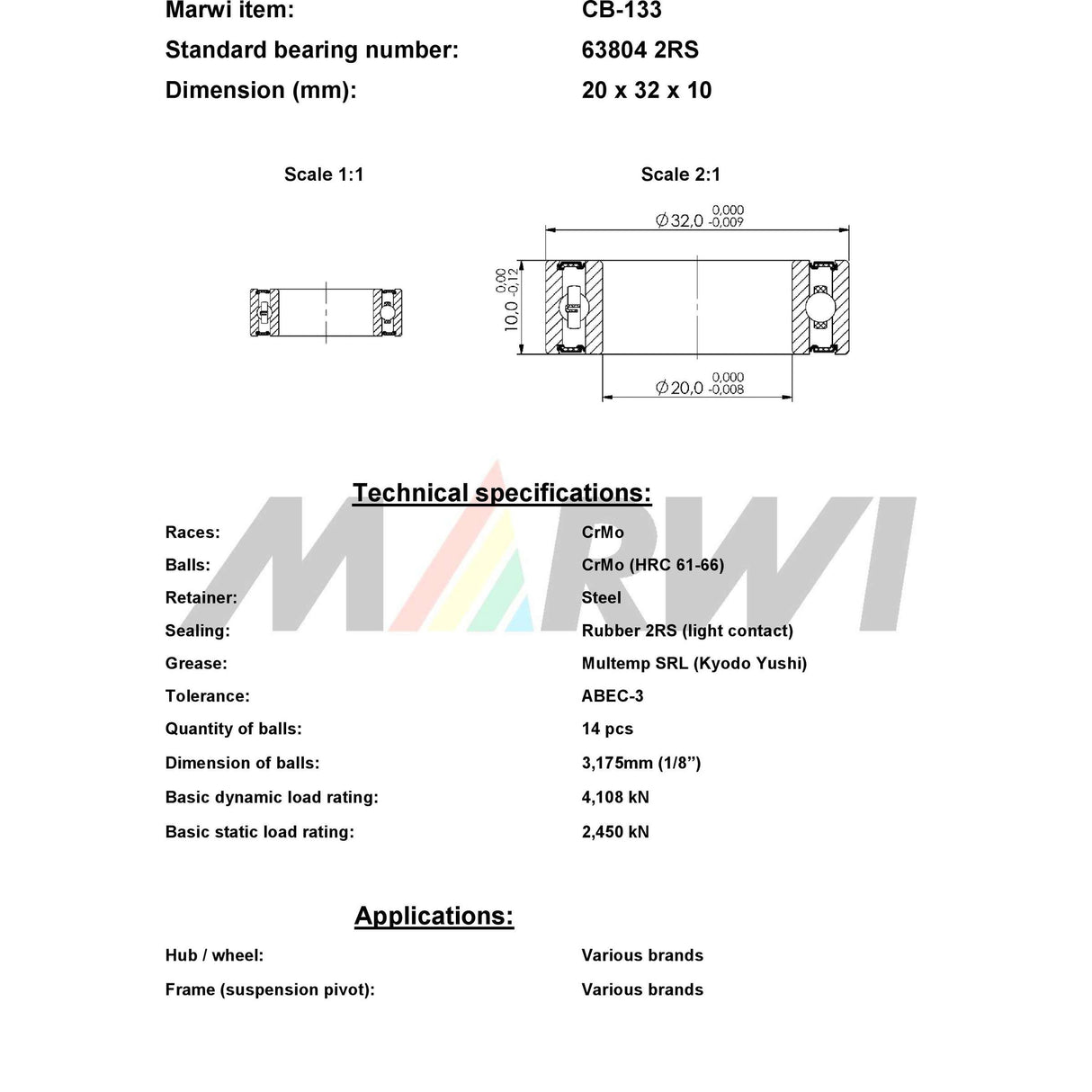 Ball liathróid Marwi Bearing Ball Bearing Union Union CB-133 20x32x10
