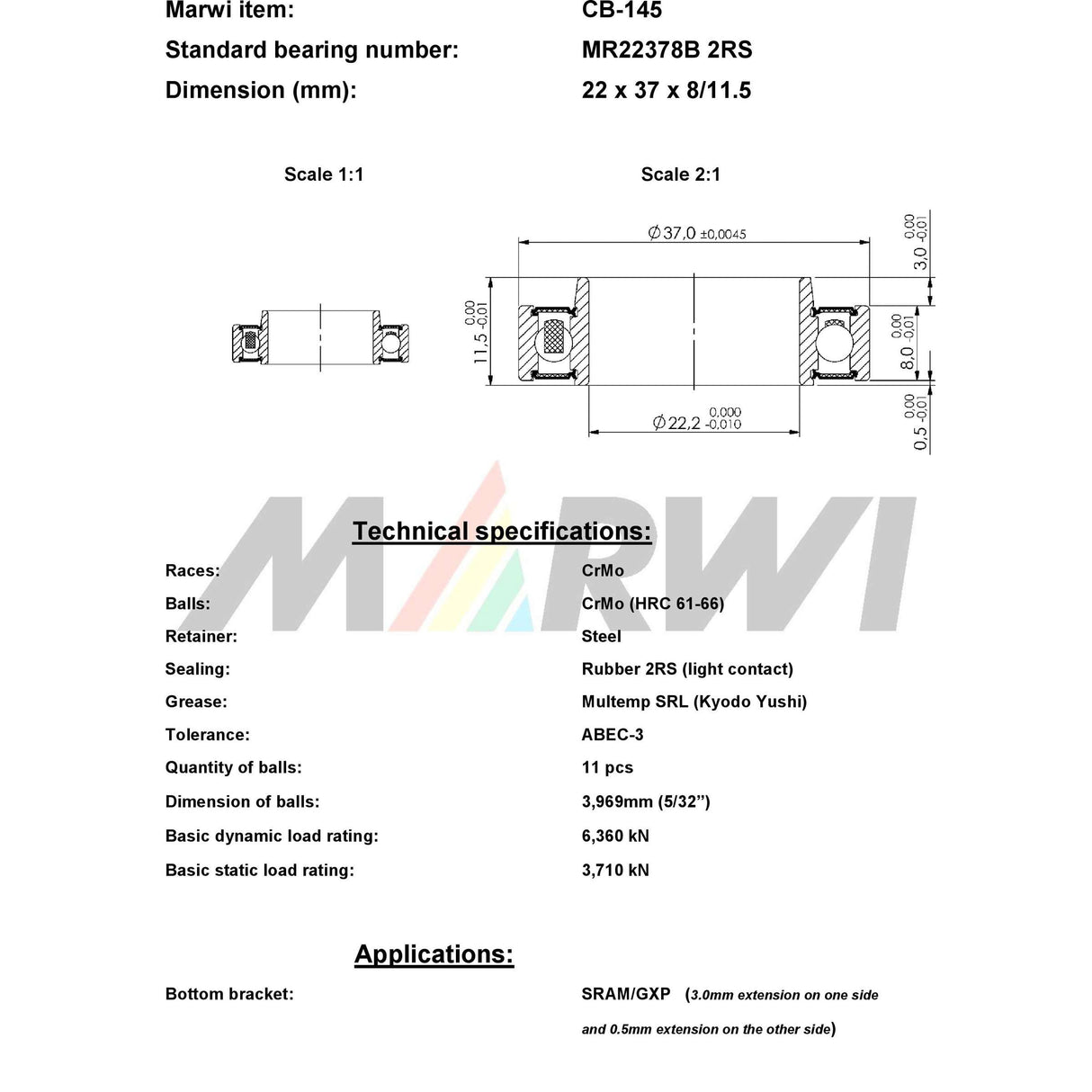 Marwi Union Kogellager CB-1445 2RS MR22237B 22x23x7 11½ ext