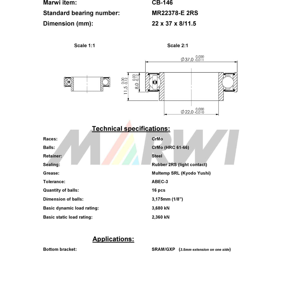 Marwi Union Kogella portant CB-146 LLB MR22378-E 22X37X8 11½ ext
