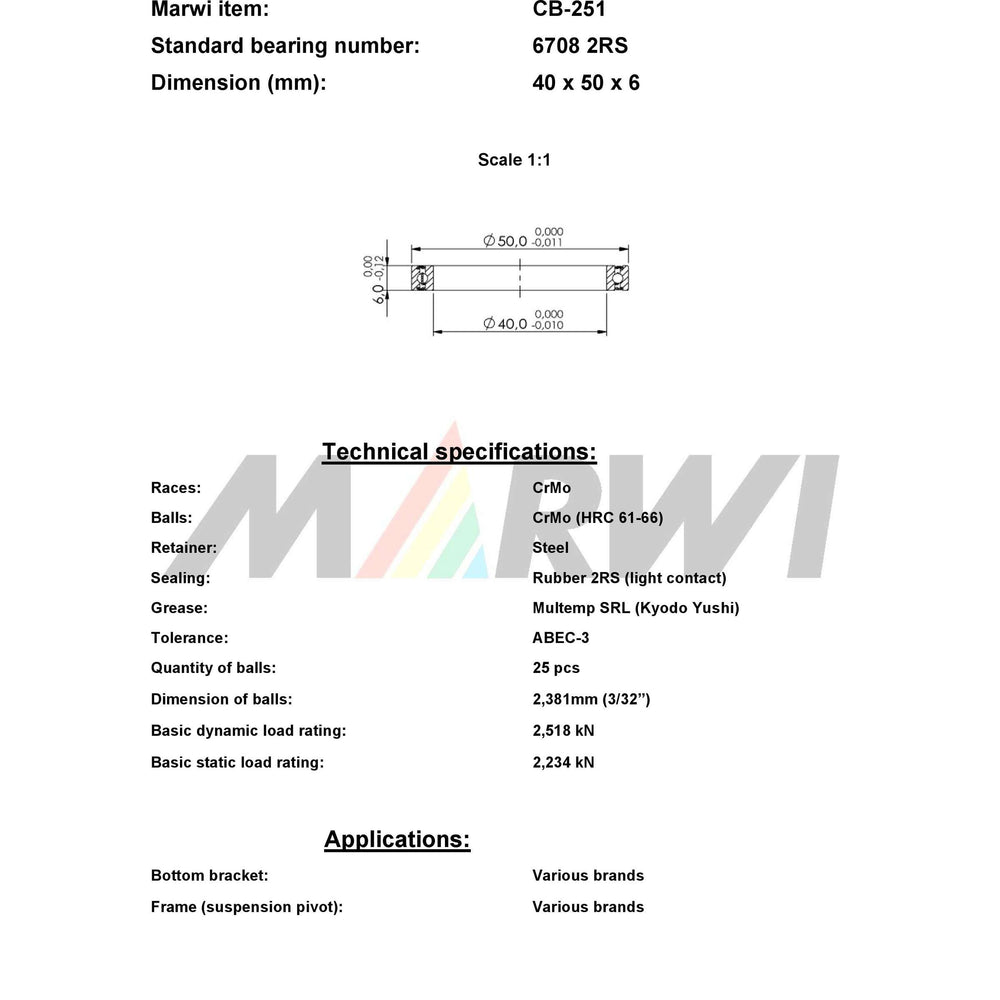 Marwi Union Kogelllager CB-251 6708 2RS 40x50x6